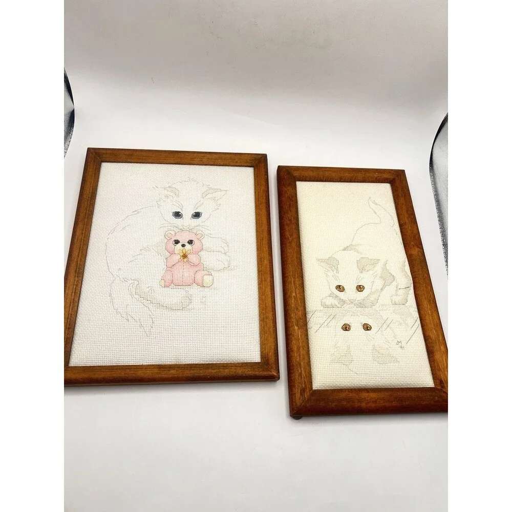 Vintage Framed Cross Stitch Nursery Art Pair Baby Bunny & Cat Kitten Handmade